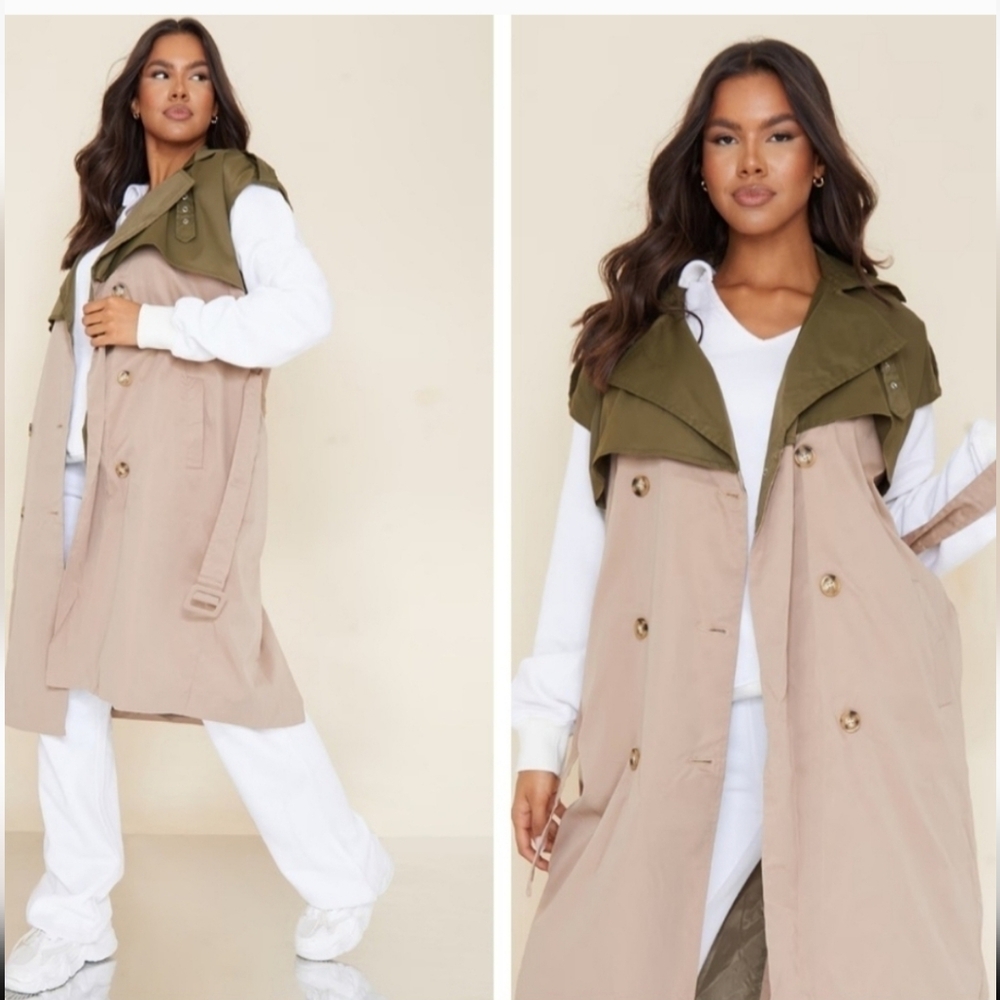 Olive and Tan Women's Sleeveless Trench Coat W/ Belt